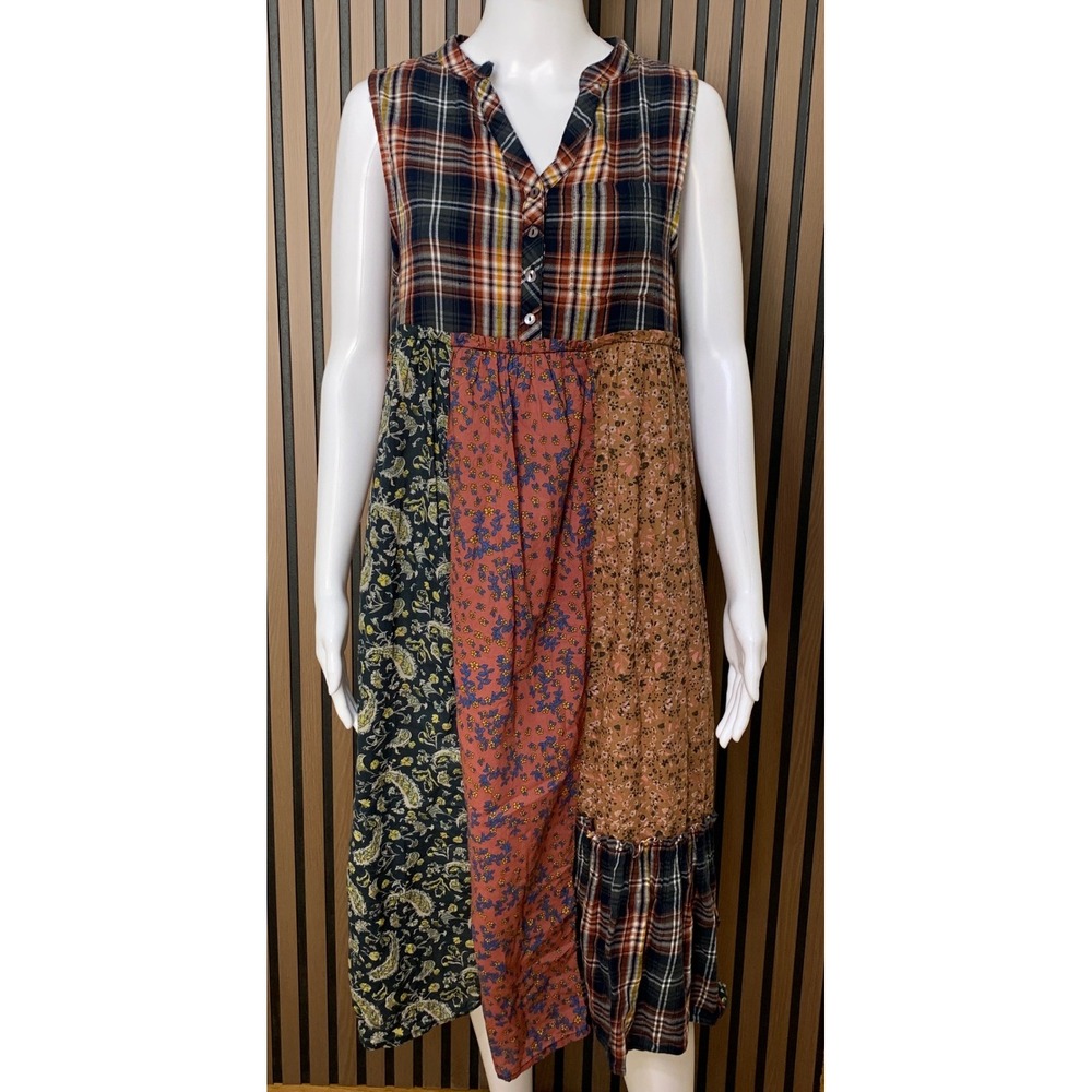Natural Life Mixed Print Patchwork Plaid Floral Boho 100% Cotton Midi Dress M